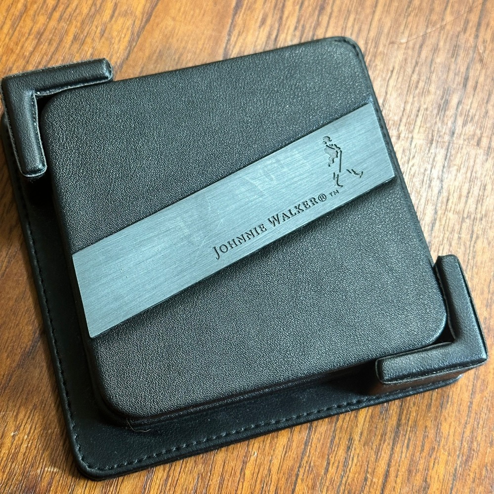 Johnnie Walker Black Faux Leather Coaster Set 4 Piece & Holder Barware Man Cave